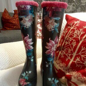 Joules Women's Knee-High Boots Rain, Navy Blue/Black Botanical Size 10